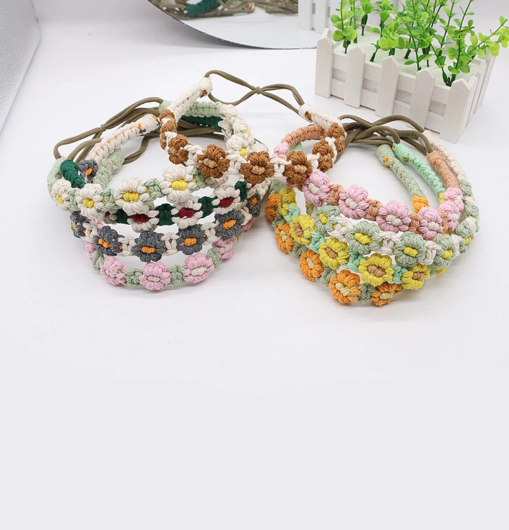 Handmade Daisy Macrame Boho Hair Bands Elastic Braided Flower Crown Headwrap Crochet Headbands for Women Girls