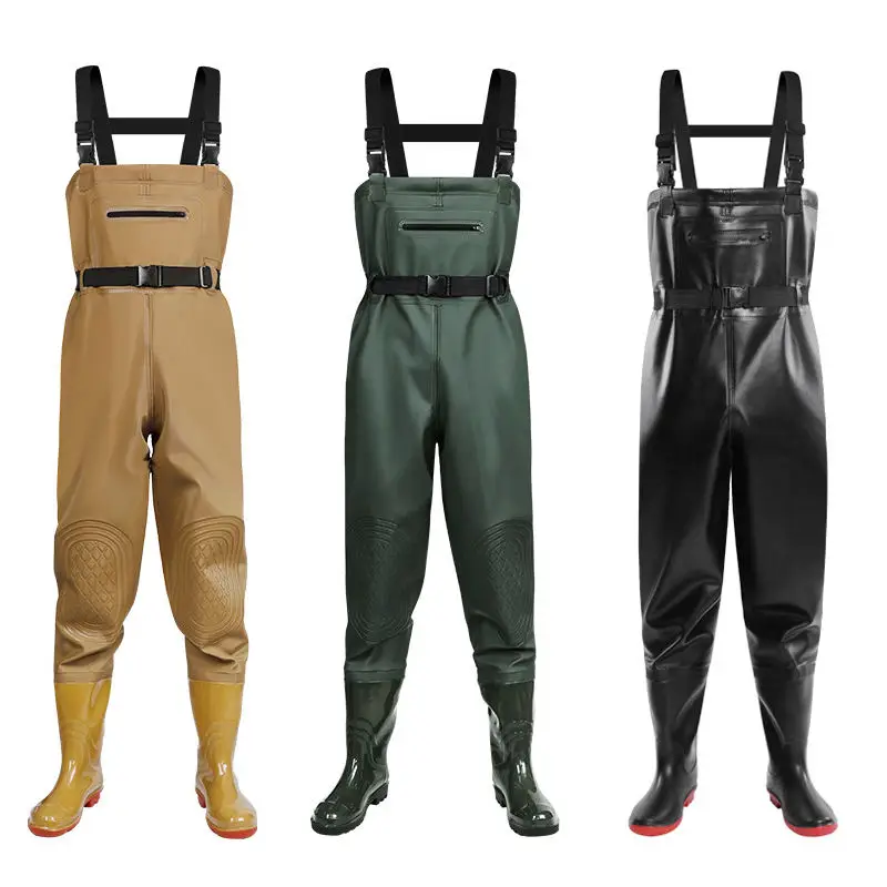 0.75mm 1.2mm Thickened Large Chest Pocket PVC Waterproof Fishing Chest Waders Custom Thigh Fishing Waders with Boots