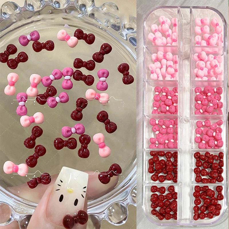 12 Grid Box Popular Bow Nail Art Accessories Sweet Red Rose Pink Mixed Color Resin Bow-Knot Nail Charms for DIY Manicure Earring