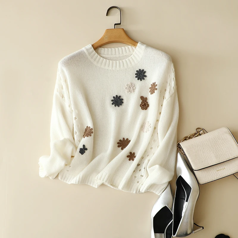 cashmere wool sweater high quality embroidery ladies furry mink oversized long sleeve cashmere sweaters