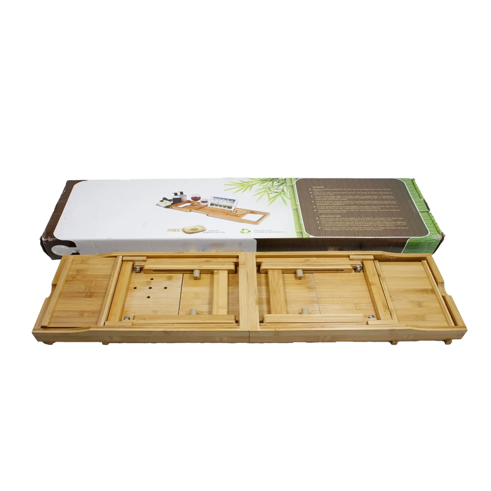 Bamboo Bathtub Caddy with Extending Sides Expandable Shower Bathtub Tray with Waterproof Cloth Luxury Bathroom Shower Organizer