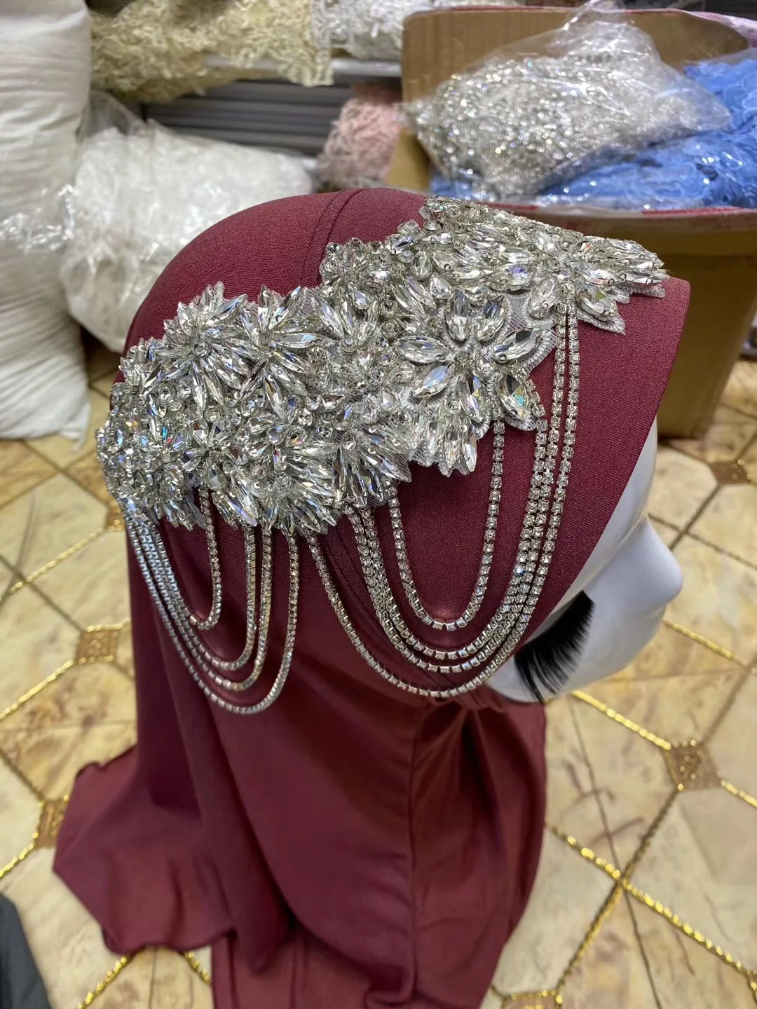 Heavy beaded rhinestone applique with crystal tassel bridal rhinestone lace applique for wedding gown neckline headband