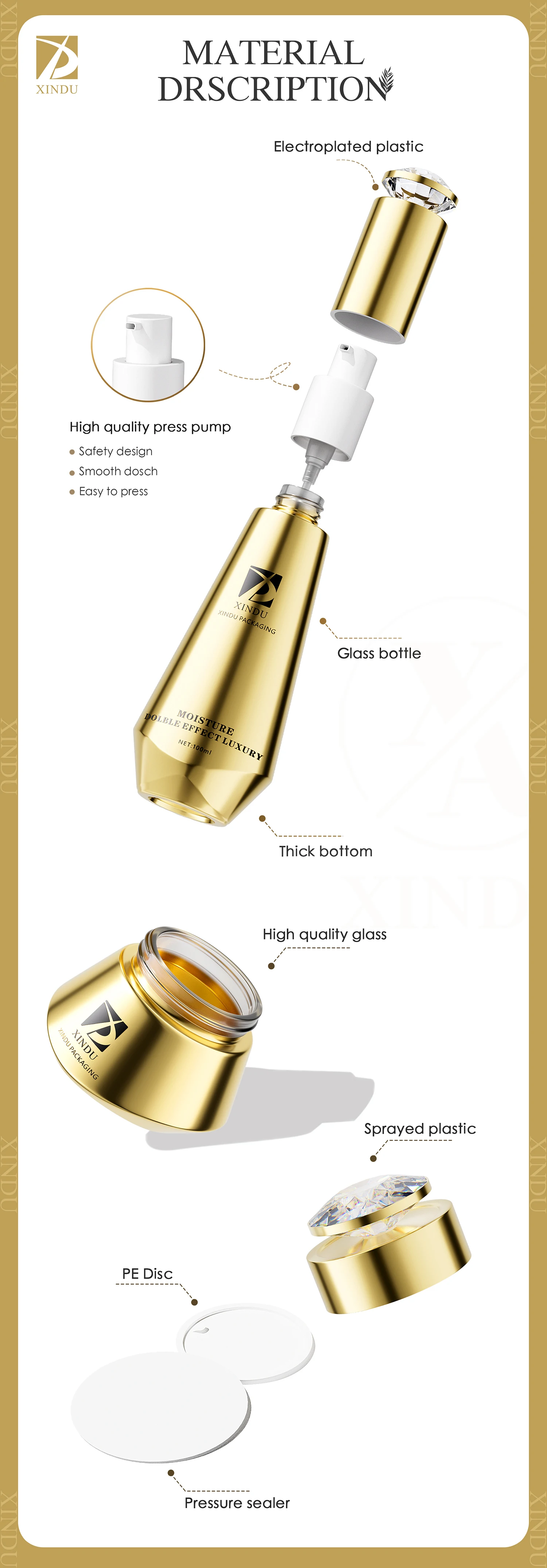 30ml Cone shape gold custom cosmetic packaging glass dropper bottle luxury Korean skincare bottle with pump for hair perfume oil