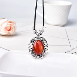 Nordic Sika Crystal Gemstone Red Agate Pendant Christmas Deer Necklace Silver Jewelry Black Cord Chain For Men And Women Gifts