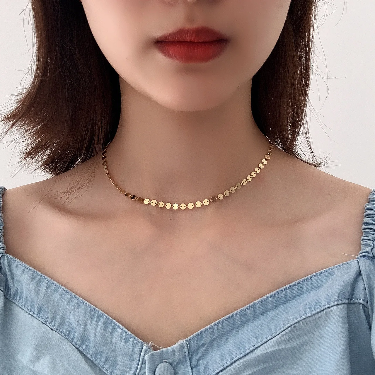 VIANRLA 925 sterling silver gold plated round disc choker necklace gold coin necklace