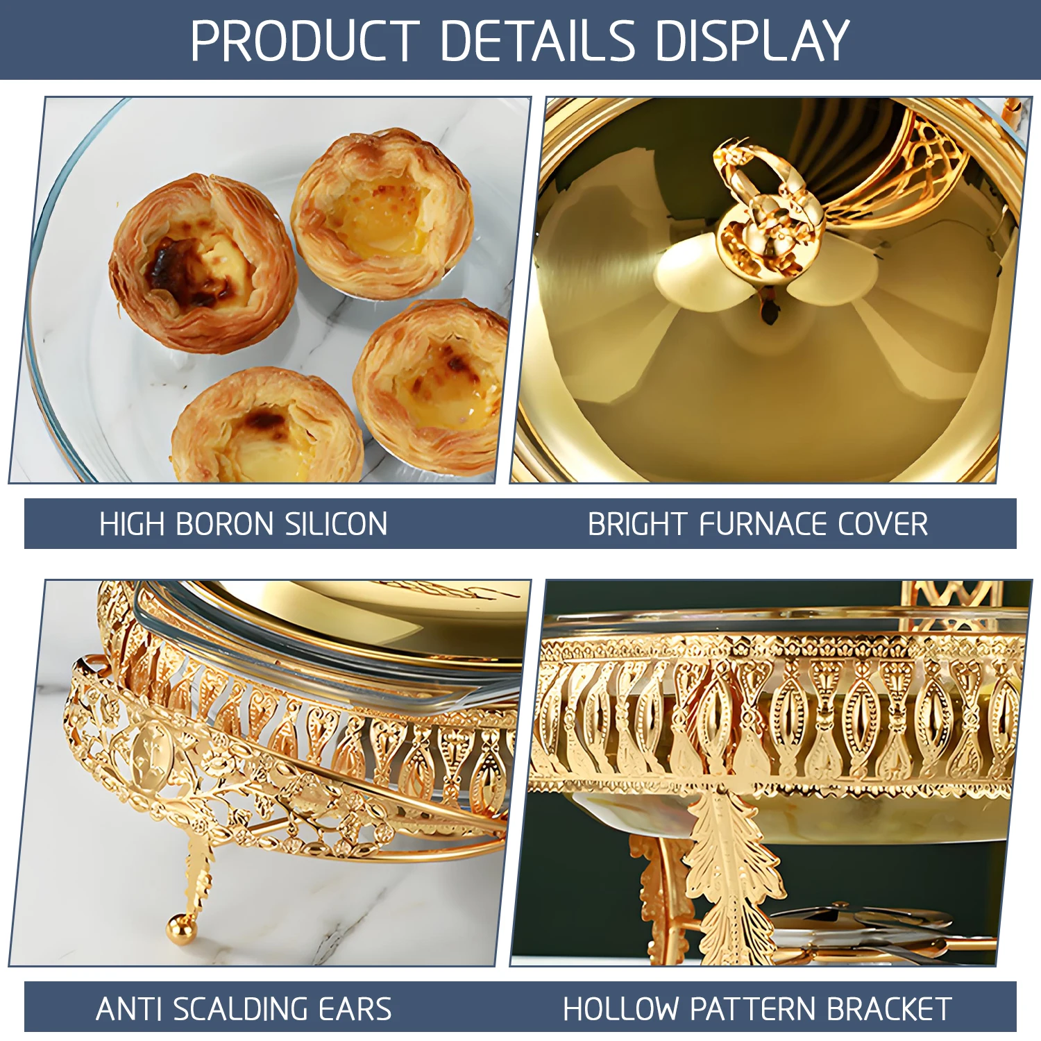 YITIAN Luxury High Quality Glass Chaffing Dishes Cheffing Dish Food Warmer Metal Egg Shape Gold Chafing Dish Buffet Set