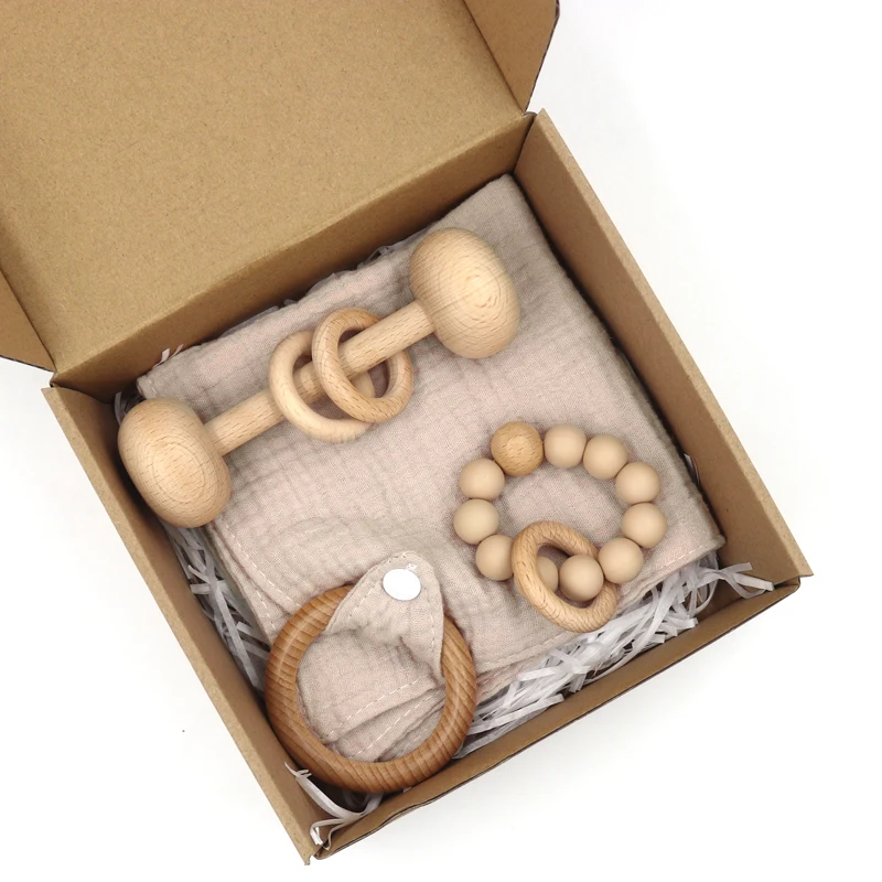  baby wooden rattle toys 100% Cotton Comforter towel teether silicone pacifier chain gift