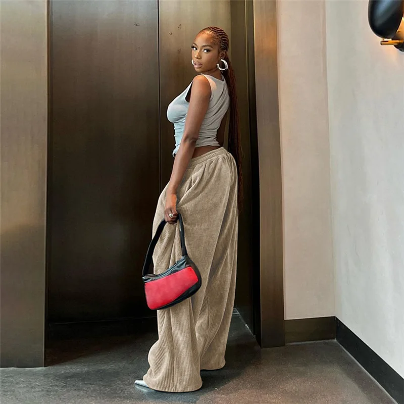 2023 Fashionable Streetwear High Waist Straight Women Pants Casual With Pocket Stretchable Loose Wide Leg Pants Women