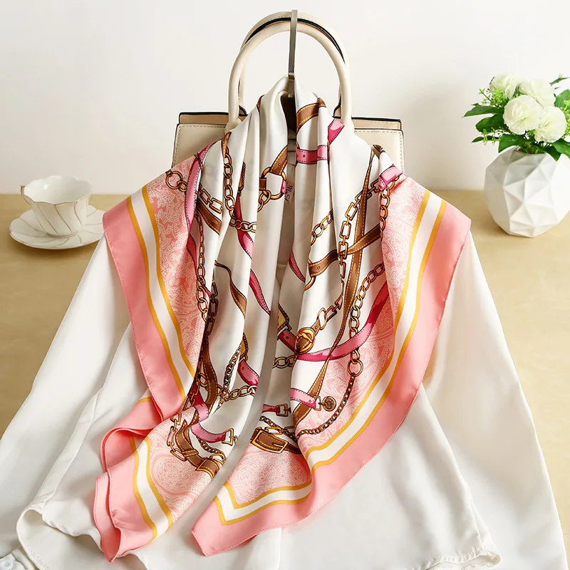 Wholesale Custom Designer Indian Ladies 100% Chain Painted Faux Silk Square Scarves Head Scarf//