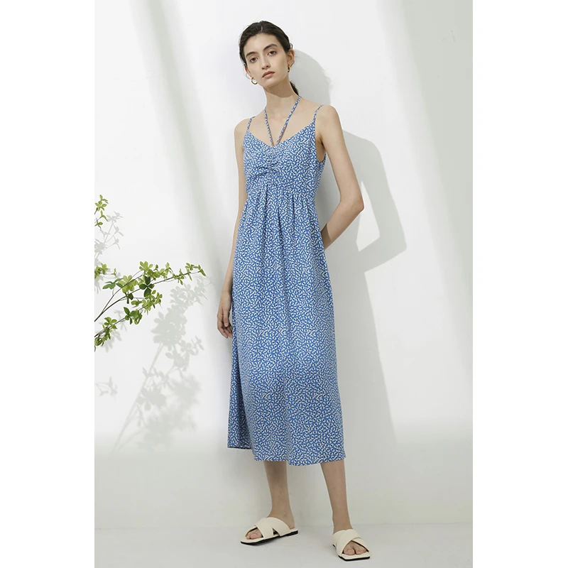 HISOKEY summer fresh small floral original V-neck tie high waist suspender long skirt vacation bohemian dress clothing