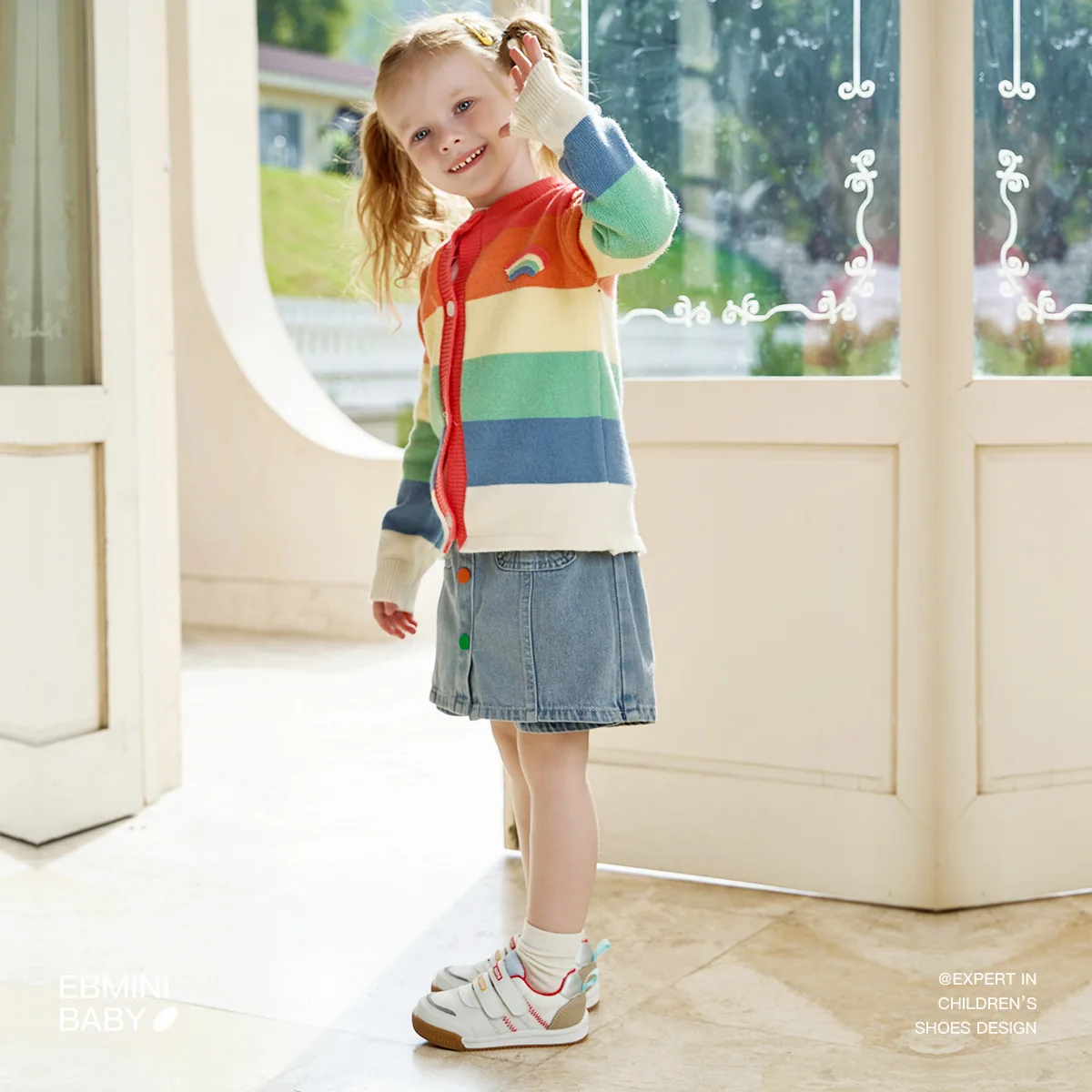 Ebmini color matching fashion double colored stripe round toe soft sole baby casual toddler board shoes