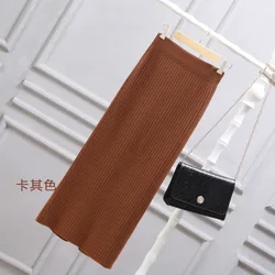 Women Office Skirt Spring autumn Knitted Black Pencil Long Back Slit Skirts Ladies High Waist Elegant Long Casual Skirt