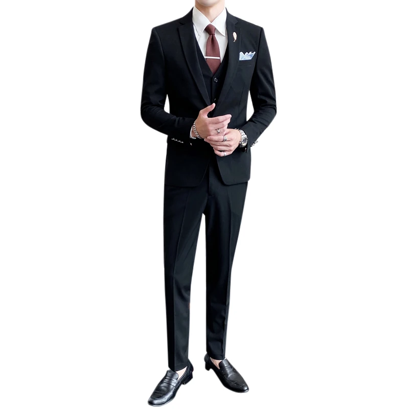 Костюм облегающий мужской из 3 предметов, однотонный однобортный Блейзер, жилет, брюки, на одной пуговице, для деловых встреч и выпускного вечера