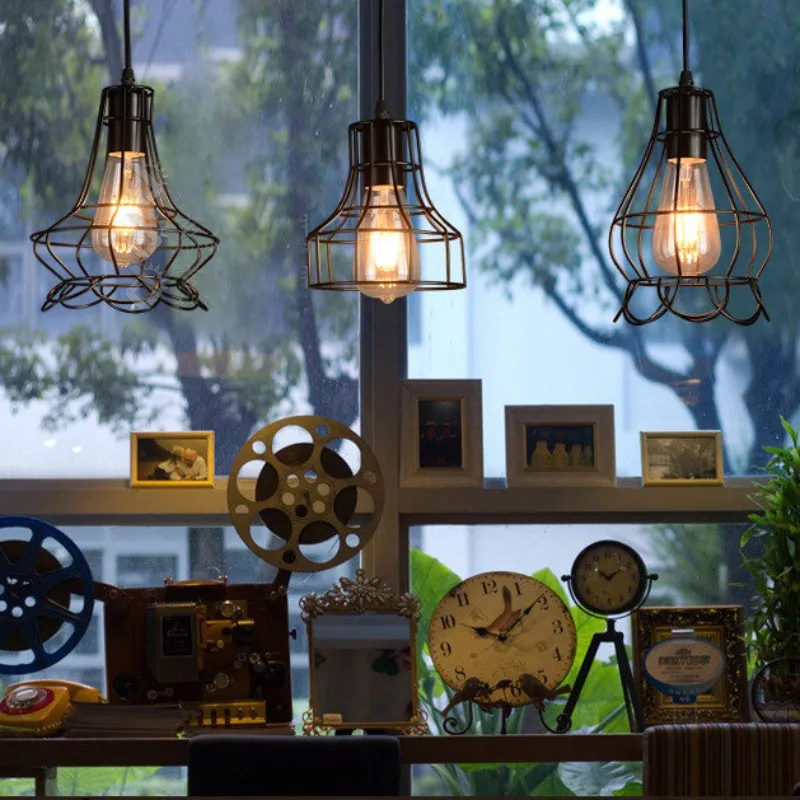 Retro Industrial Pendant Light Nordic Black Metal Cage Lighting Fixtures Iron Loft Cage Kitchen Vintage Adjustable Hanging Lamps