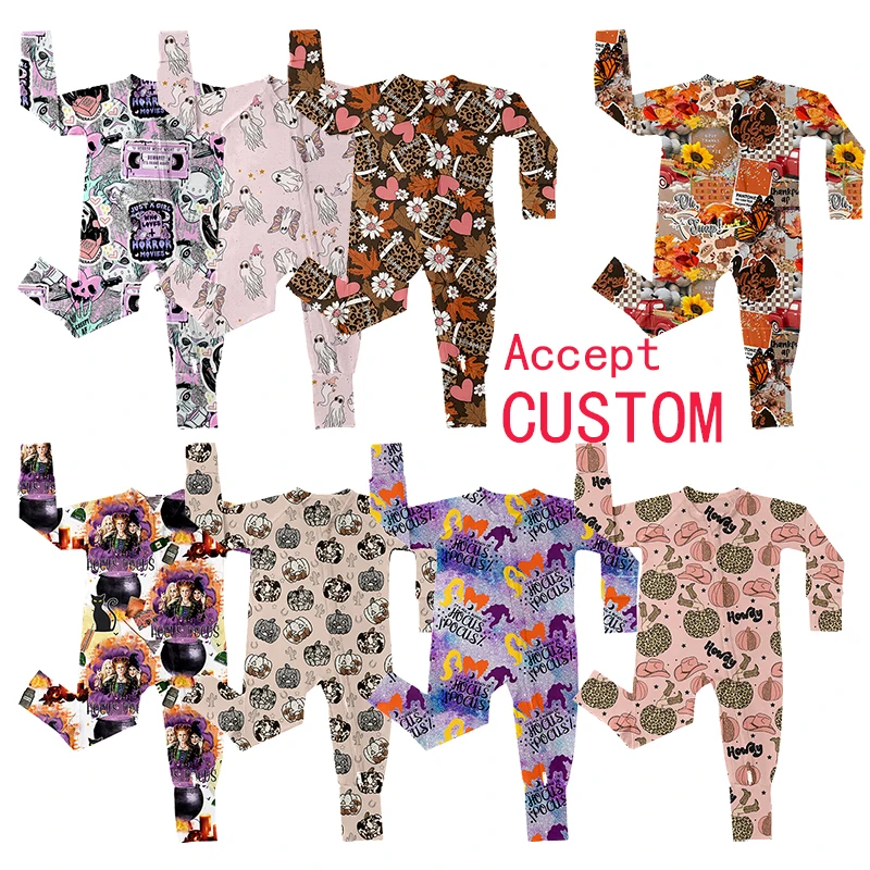 Hot selling Long sleeve rompers Custom Western Halloween print Baby Bamboo pjs Infant long zippy romper