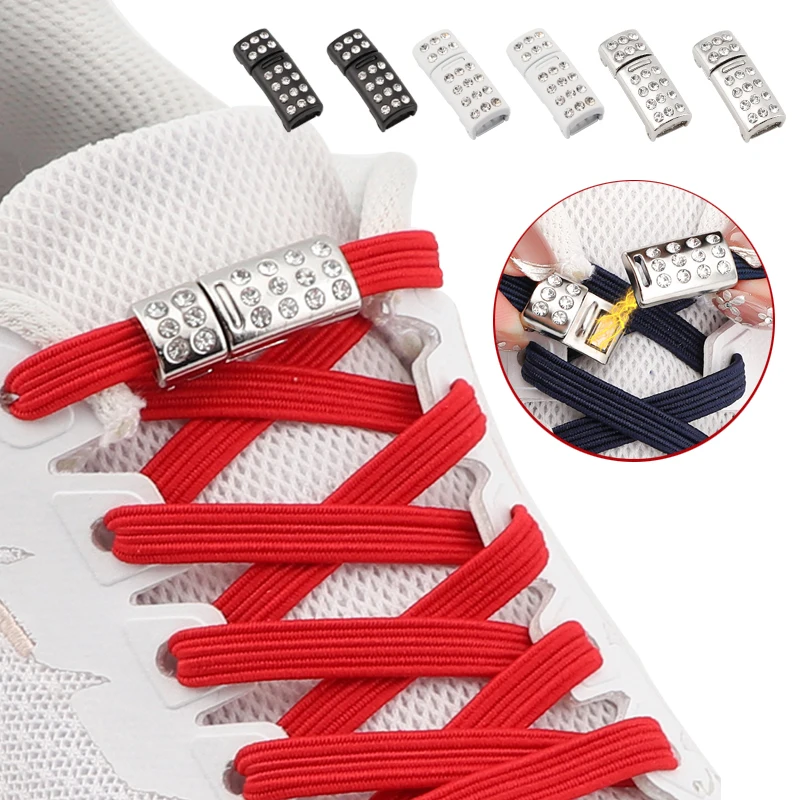 Rhinestone metal magnetic buckle shoelace fashion elastic lazy Flat shoelace no tie rhinestone magnetic sneaker shoelace