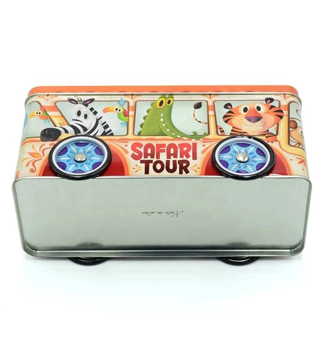 promotional gift tin bus car shaped metal box with 4 turning wheels