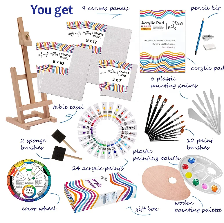 China factory 62-Piece Luxury Acrylic Paint Set Variety of Art Accessories, Professional Art Paint brushes, Paint