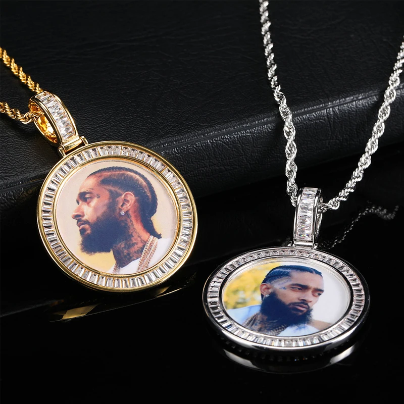 Custom Photo Necklace Personalized Family Memory Jewelry 18K Gold Plated Iced Out Baguette CZ Circle Picture Pendant Necklace