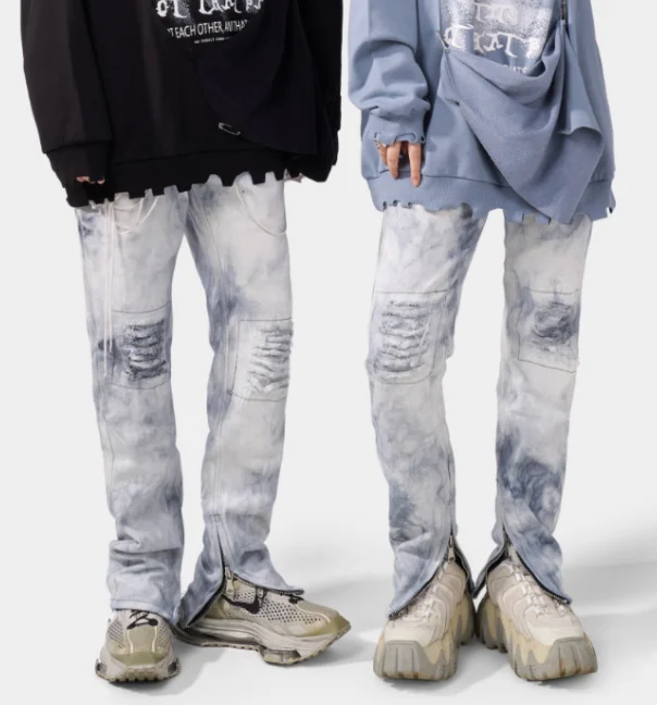 HG New distressed jeans white washed unisex ripped hot sale hip hop over the knee retro jeans men