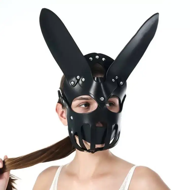 Sexy Black Leather Bondage  Adult Sex Foreplay Full Face Party Rabbit Ears Mask
