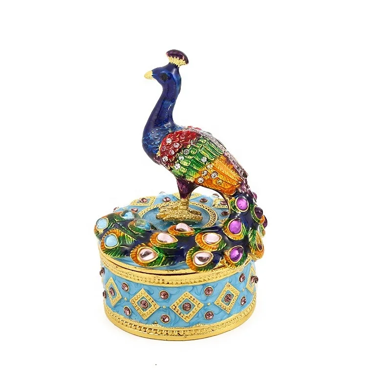 New Peacock Trinket Jewelry Box Animal Figurine Faberge Vintage Decoration Metal Crafts Tabletop