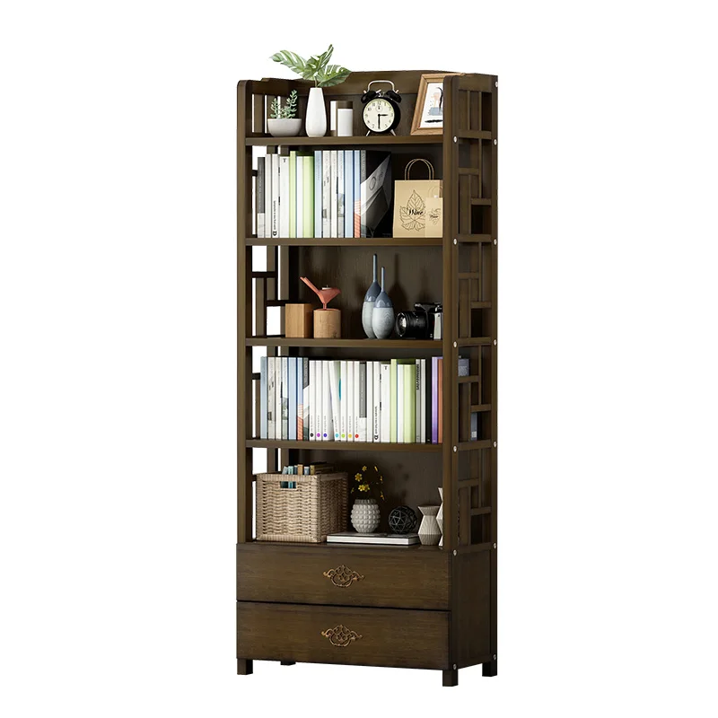Office Book Cabinet Simple Modern Walnut Color Bookcase Display Shelf with Double Drawer Book Rack