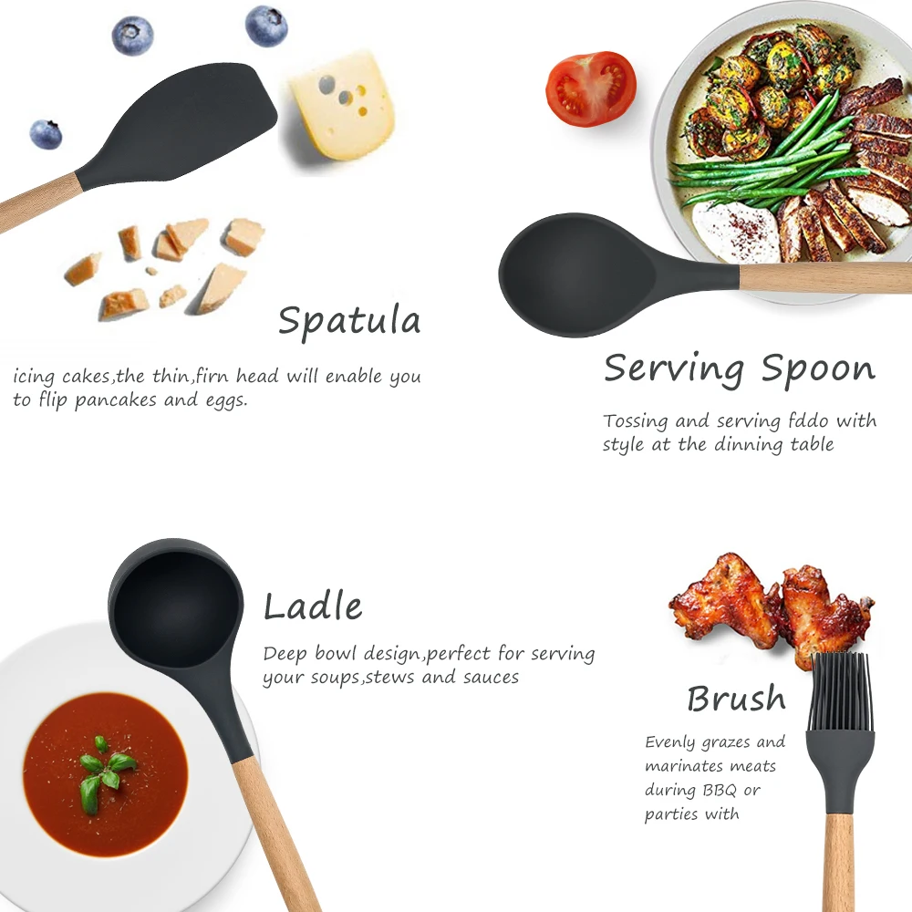 Amazon Hot Seller Natural Heat Resistant 8 Pieces Smart Silicone Utensils Kitchen Non-Stick Baking Tool