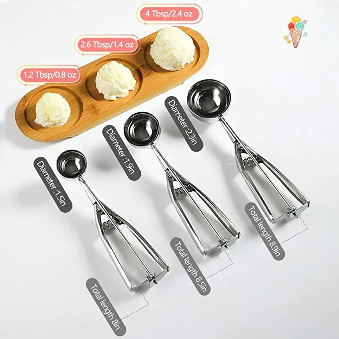 Food safe 18/8 Stainless Steel Dough Scooper 3Pcs Cookie Scoop Set Cupcake Scoop Melon Baller for ice cream Mash ball spoon