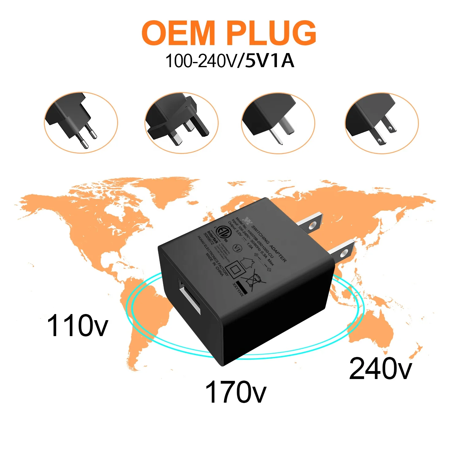 
ETL FCC Certificated USB Wall Power Adapters US PLUG 5V 1A 1.2A 1.5A One Port Power Adapter 