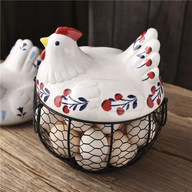 
Ceramic Iron Egg Storage Basket Snack Fruit Basket Collection Ceramic Hen Ornaments Decoration Kitchen Organizer Rack Basket 