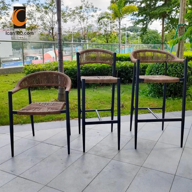 Rope Weave Outdoor Cafe Bar Tall Chair High Bar Stool High Back Chair Brown Dining Chair