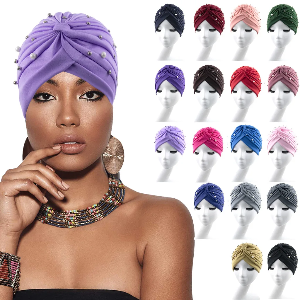 wholesale luxury headwrap hair turban bonnet with pearl beanie cap hats muslim female hijab ladies turbans for women head wrap