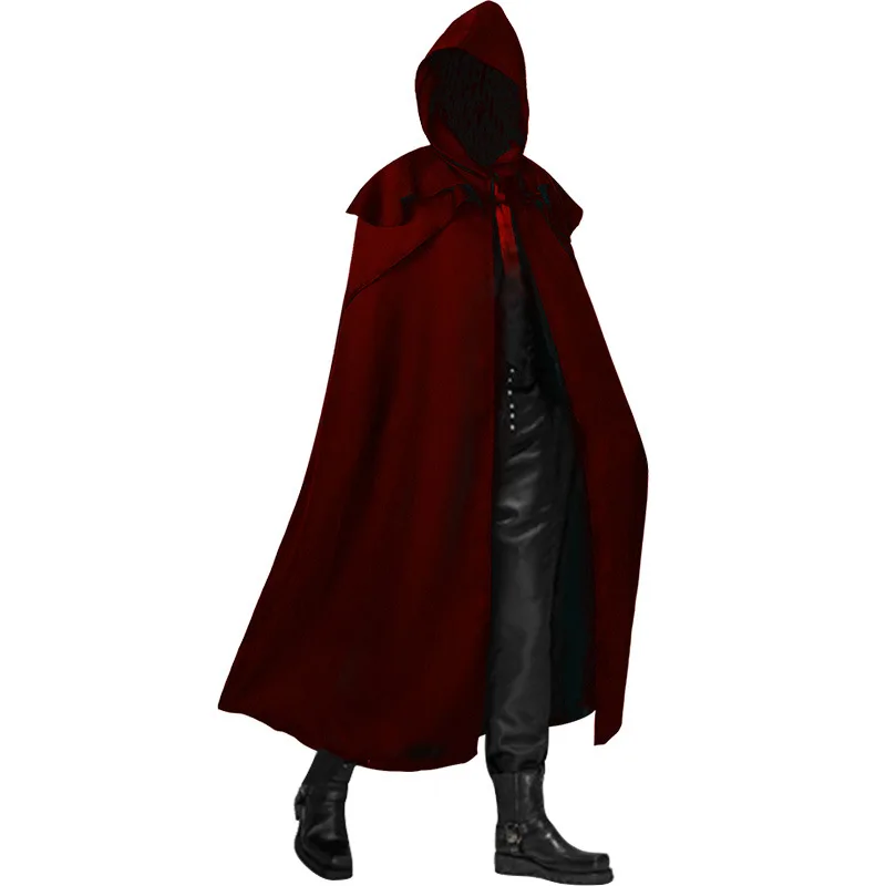 Men Cloak Hooded Medieval Monk Costume Solid Windproof Mens Trench Coat Gothic Wicca Wizard Cape Halloween Death Mantles