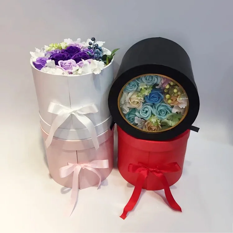 18 pcs Transparent Wedding Gift Separate Closure Lid Cylinder rotate Paper Box with transparent lid Ribbon For Flower Bouquet