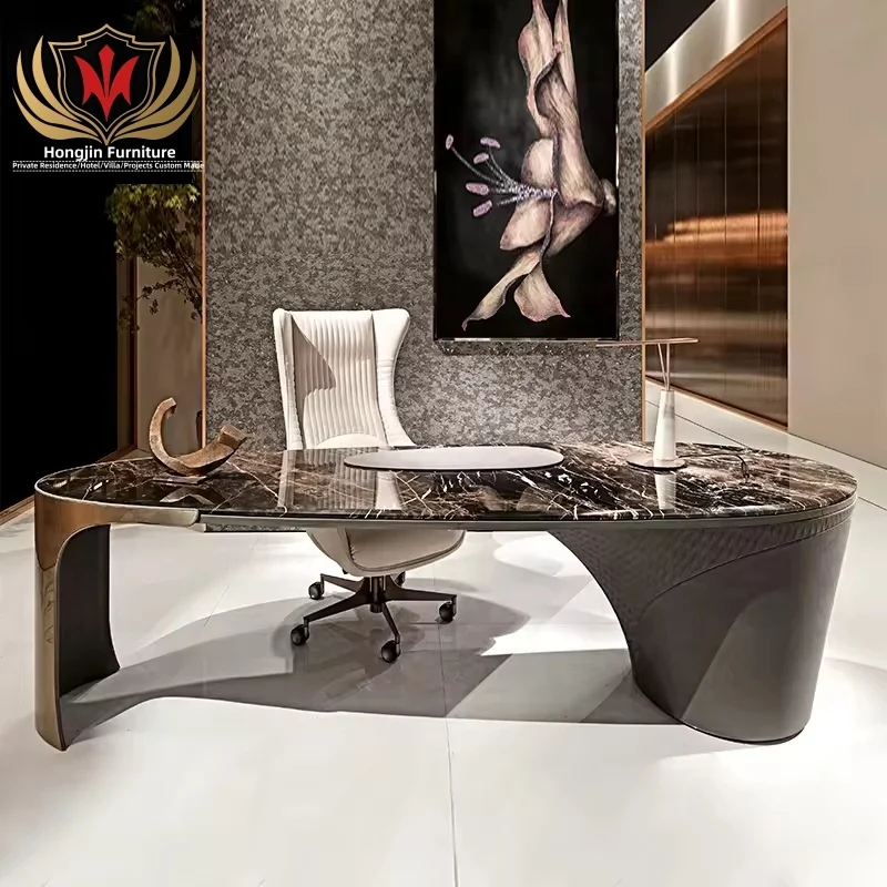 HJ HOME Home office rich furniture solid wood leather upholstered executive workstation marble desktop modern office table set
