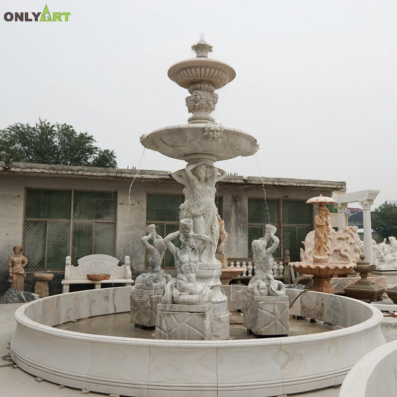 Outdoor Garden Decoration Large Marble Stone Lion Head Girl Boy Poseidon Fountain