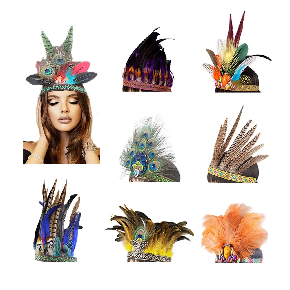 Women Costume Peacock Indian Feather Hairband Crown Bohemian Carnival Feather Headdress for Halloween Party