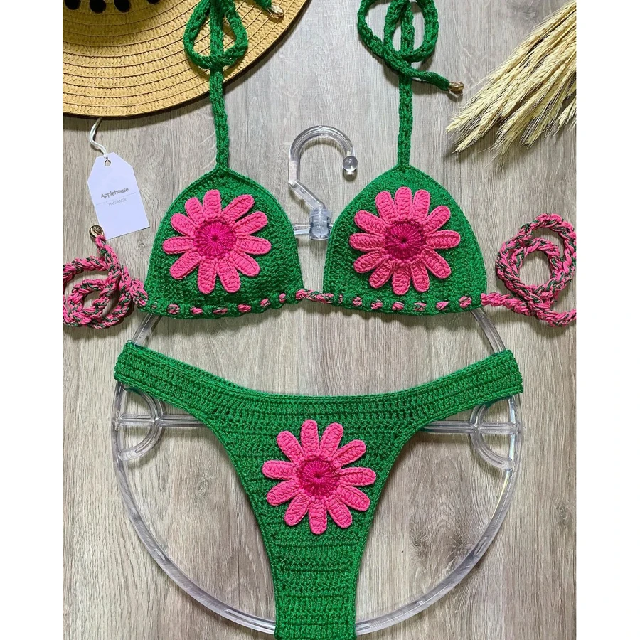 Women Fashion Sexy Fashion Pink Flower Handmade Green Crochet Cotton Swimsuit Beachwear Brazil Micro Bikini Sets Bathing Suit
