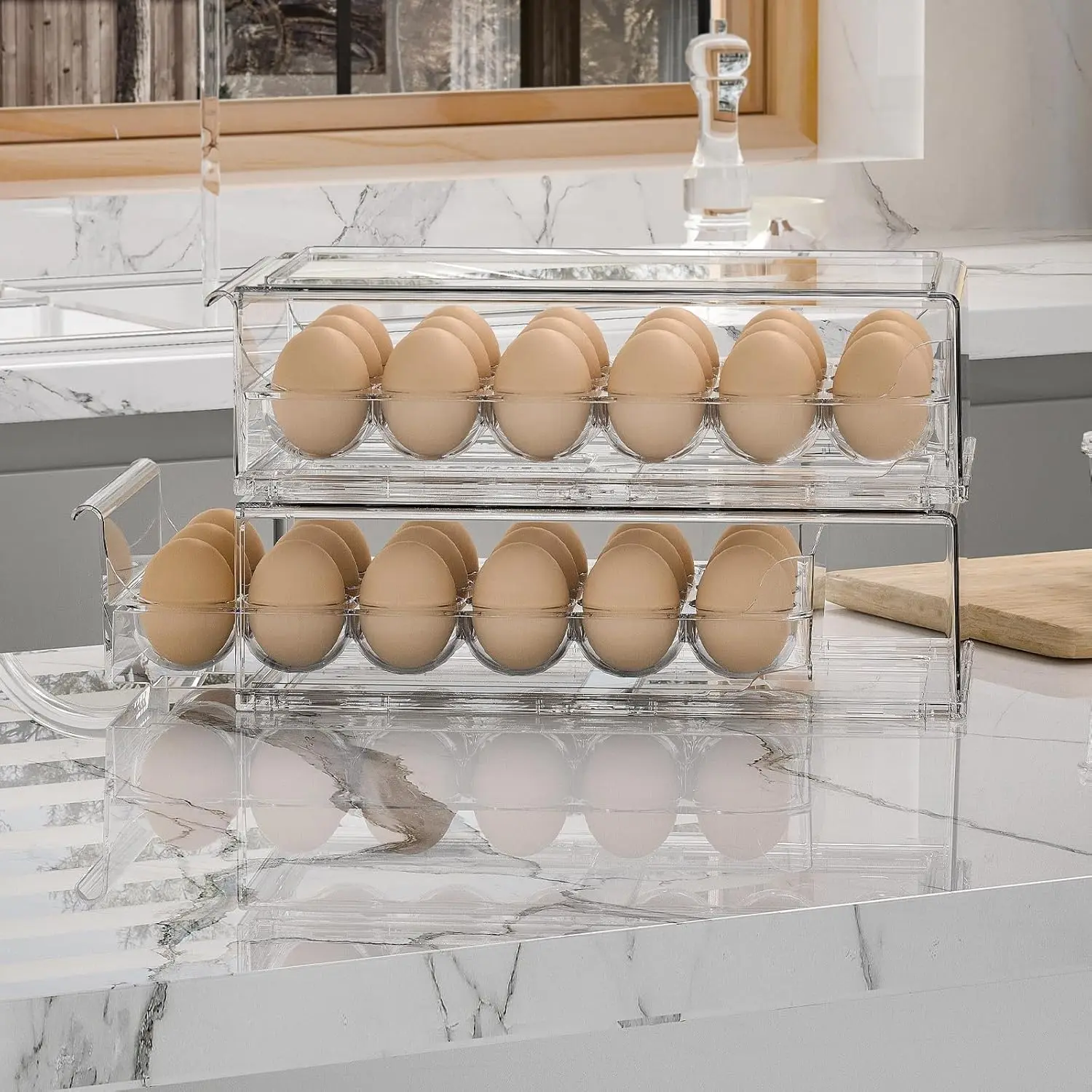 Refrigerator Eggs Container BPA Free Fridge Drawer Organizer Bins Stackable Egg Holder Plastic Acrylic Clear 18 Egg Tray