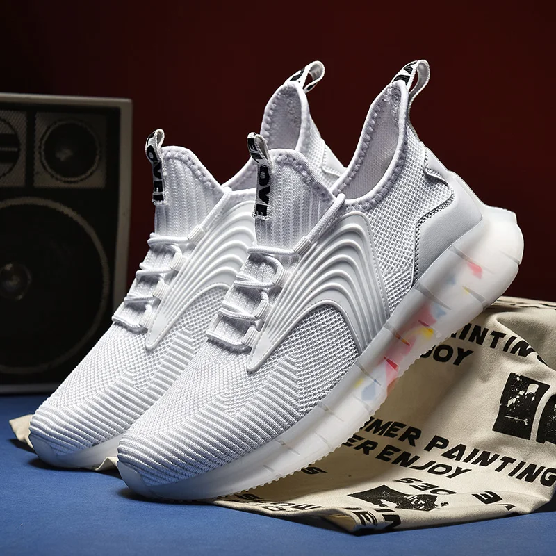 Factory Hot Sale Mens Air Cushion Running Lightweight Fly Knitted Sneakers White Shoes Men