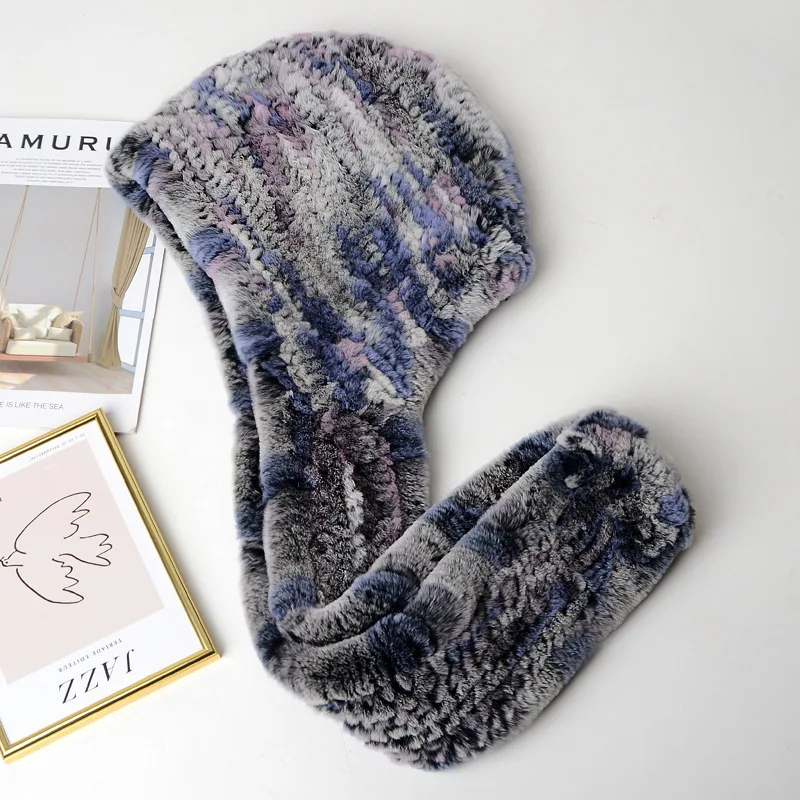 Real Rabbit Fur Tie Dye Hood Handmade Snood Scarf for Women Wholesale Warm Winter Colorful Fuzzy Fur Infinity Scarf Hat Set