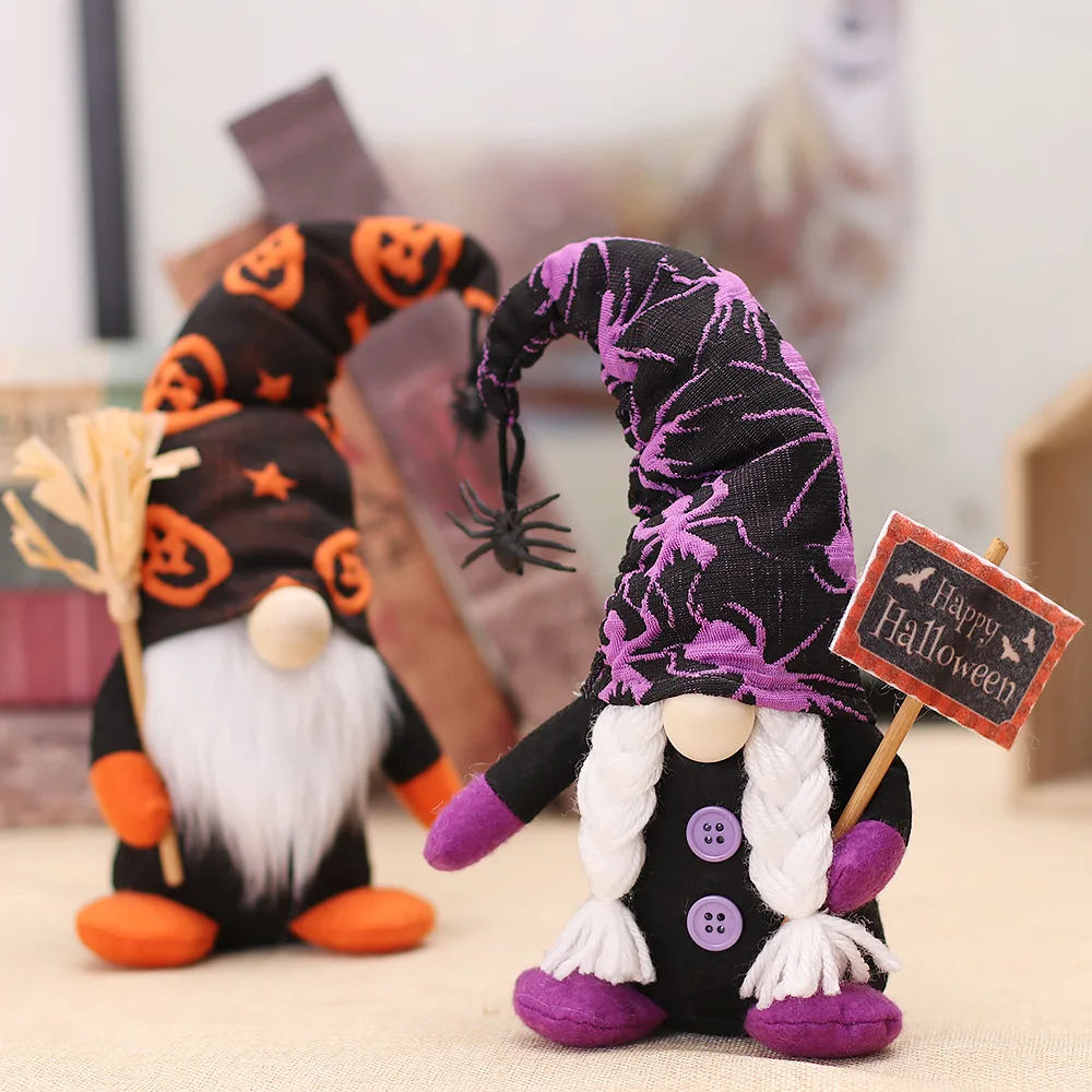 New Pumpkin Spider Print Faceless Dolls Couple Gnome Holding Broom And Sign For Happy Halloween Decorations Standing Plush Dwarf