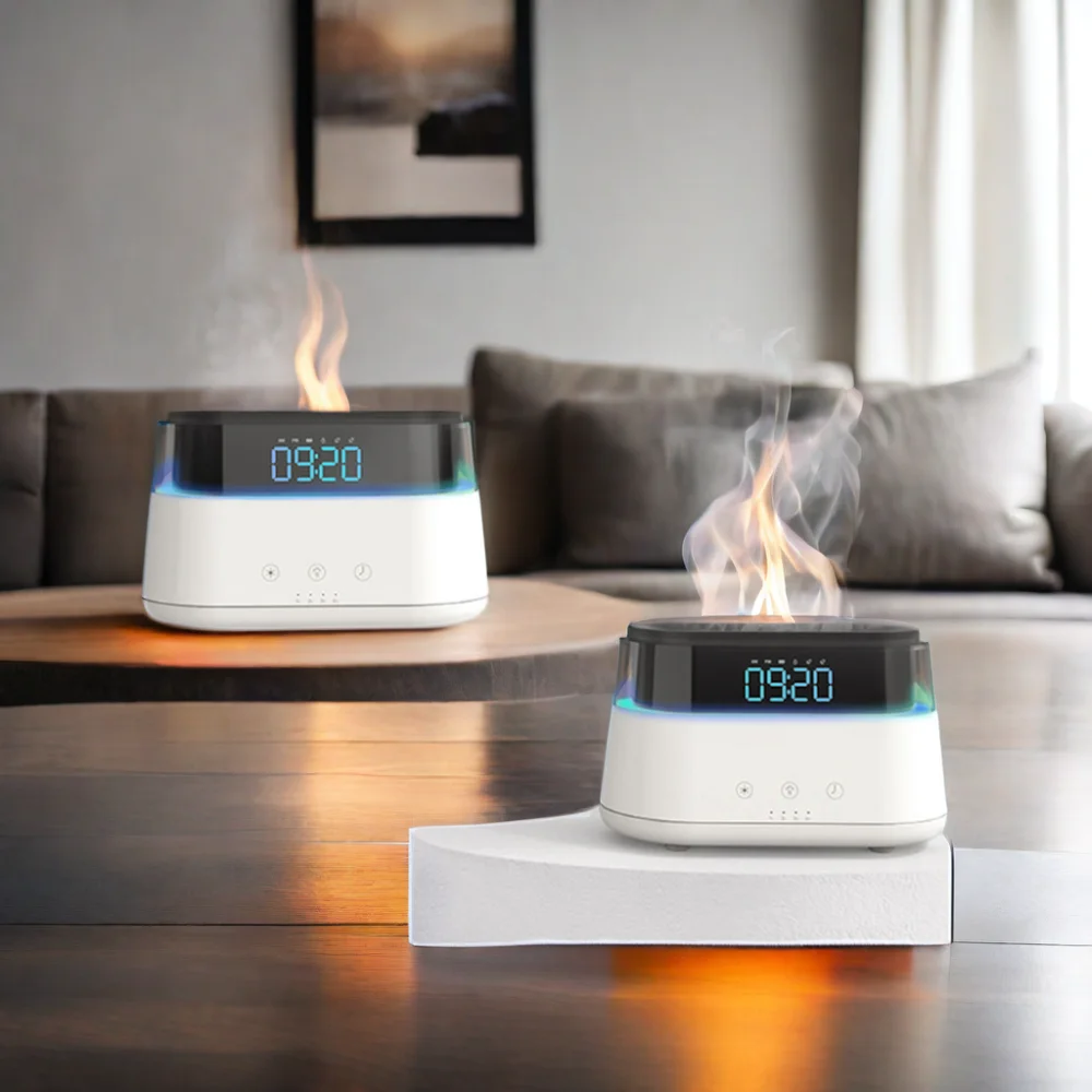 Hot Sale Portable Flame Led Air Humidifier Rainbow Lamp Tochable Home Flame Essential Oil Aroma Diffuser With Alarm Clock