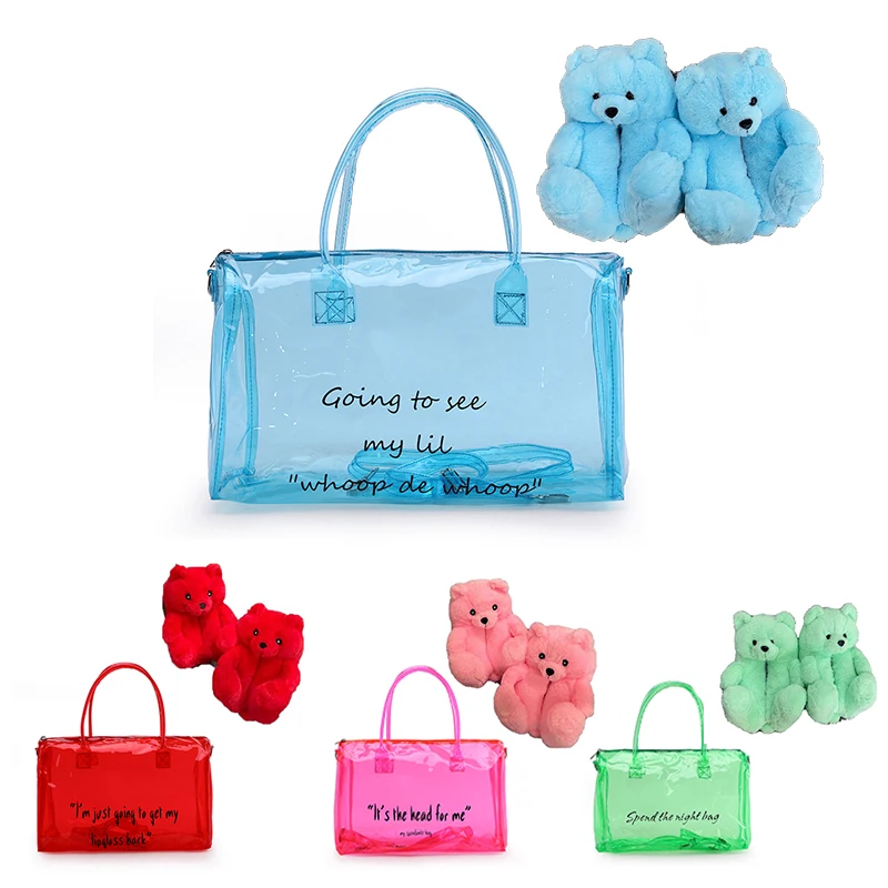 Hot Overnight Bag And Teddy Bear Slippers Set Selling Travel Custom Clear Pvc Spend The Night Bag Pink Gym Duffle Sports Bag