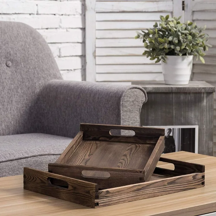 Dark Brown Solid Wood Nesting Serving Trays With Cutout Handles,Set Of 2