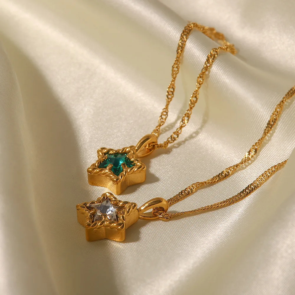Chic 18K Gold Plated Stainless Steel Ripple Chain White Green Clear Cubic Zircon Star Pendant Necklace for Girls