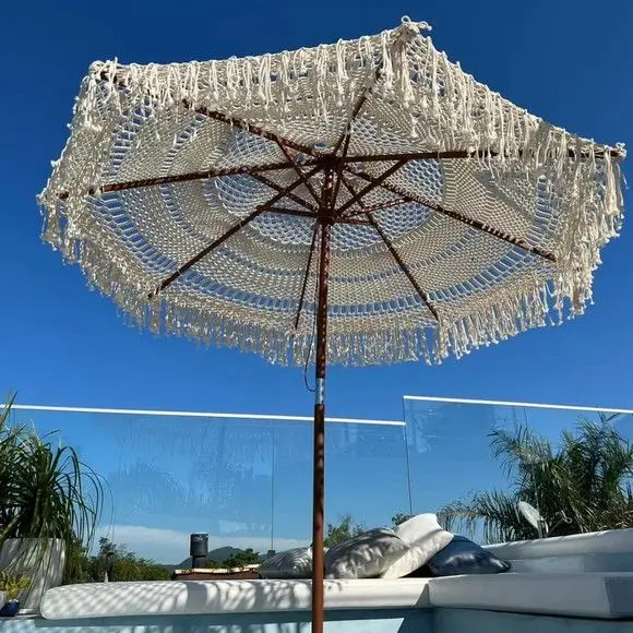 Modern sun macrame bohemian wooden fringe macrame bali boho outdoor garden beach umbrella with tassels
