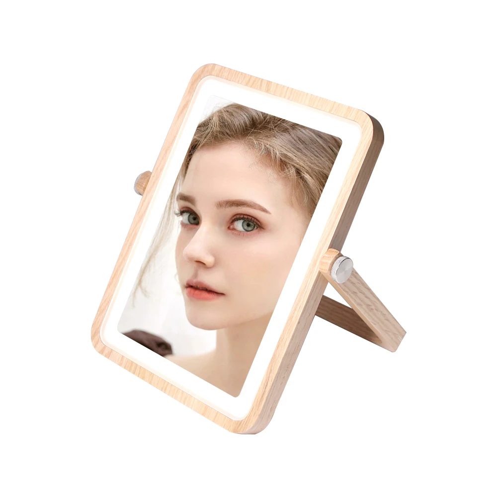 Светодиодная квадратная перезаряжаемая деревенская деревянная рамка, деревянное косметическое зеркало для макияжа на туалетном столике для ванной комнаты со светодиодной подсветкой