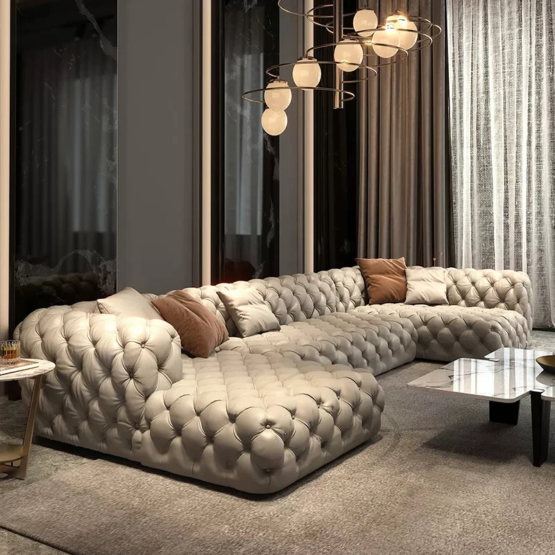 Italian Leather Sofas Sectional Button Tufted Chesterfield U Shape Modular Sofa Luxury Living Room Furniture